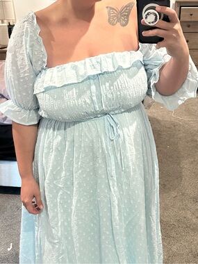 Light Blue Puff Sleeve Midi Dress with Smocked Bodice